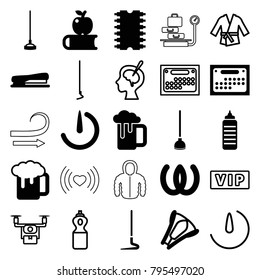 Long icons. set of 25 editable filled and outline long icons such as apple on book, omega, beer mug, fitness bottle, hoe, stapler, stopwatch camera, cpu, calendar, vip