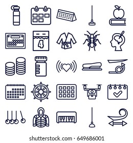Long icons set. set of 25 long outline icons such as ant, piano toy, curly hair, straight hair, heart, hoodie, hoe, helm, brain surgery, stapler, coin, calendar