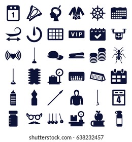 Long icons set. set of 36 long filled icons such as ant, vip, lugagge weight, piano toy, curly hair, heart, hoodie, mustache and glasses, hoe, helm, brain surgery, stapler