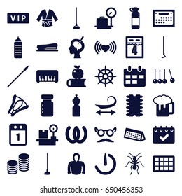 Long icons set. set of 36 long filled icons such as ant, vip, lugagge weight, piano toy, curly hair, heart, hoodie, mustache and glasses, beer mug, hoe, helm, brain surgery