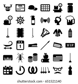 Long icons set. set of 36 long filled icons such as ant, vip, lugagge weight, piano toy, curly hair, heart, mustache and glasses, beer mug, hoe, helm, brain surgery, stapler