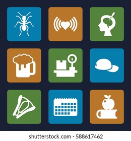 long icons set. Set of 9 long filled icons such as ant, heart, beer mug, lugagge weight, brain surgery, stapler, baseball cap, calendar