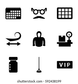 long icons set. Set of 9 long filled icons such as vip, curly hair, hoodie, mustache and glasses, hoe, lugagge weight, calendar