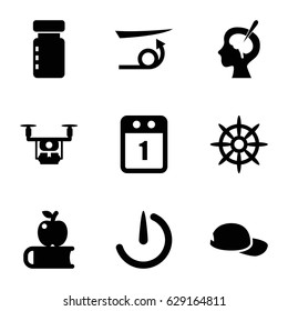 Long icons set. set of 9 long filled icons such as straight hair, helm, brain surgery, stopwatch camera, baseball cap, 1st day calendar, medical drone, apple on book