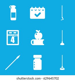 Long icons set. set of 9 long filled icons such as hoe, calendar, 4th date calendar, spear, apple on book