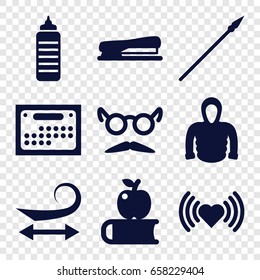 Long icons set. set of 9 long filled icons such as curly hair, heart, hoodie, mustache and glasses, stapler, calendar, spear, apple on book