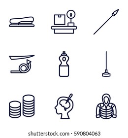 long icons set. Set of 9 long outline icons such as straight hair, hoodie, hoe, lugagge weight, brain surgery, stapler, coin, spear