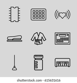 Long icons set. set of 9 long outline icons such as piano toy, heart, hoe, stapler, cpu, calendar, kimono