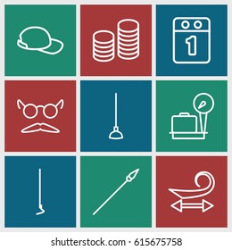Long icons set. set of 9 long outline icons such as lugagge weight, curly hair, mustache and glasses, hoe, coin, baseball cap, 1st day calendar