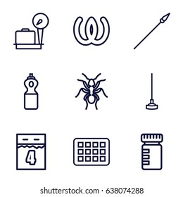 Long icons set. set of 9 long outline icons such as lugagge weight, ant, hoe, calendar, 4th date calendar, spear, omega, bottle for fitness