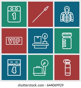 Long icons set. set of 9 long outline icons such as vip, lugagge weight, hoodie, 1st day calendar, 4th date calendar, spear