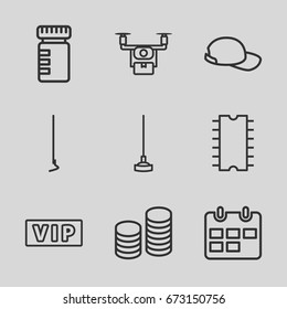 Long icons set. set of 9 long outline icons such as vip, hoe, coin, cpu, baseball cap, calendar, medical drone