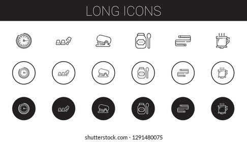 long icons set. Collection of long with wall clock, cup, stapler, products, measuring tape, coffee cup. Editable and scalable long icons.