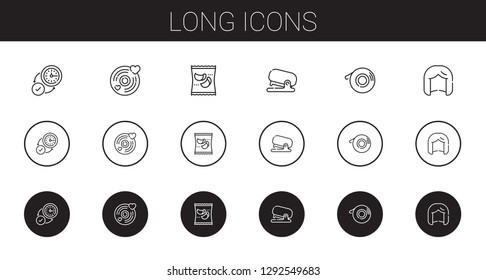 long icons set. Collection of long with wall clock, vinyl, products, stapler, scotch, wig. Editable and scalable long icons.