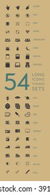 Long icons set: Gestures, Signs, Media, Control, Nature, Computer, Peripherals, Space, Packing, Food, Hobby, Equipment, Tool, Auto, Freight, Sim Card, Office. Monochrome high quality icons for  Web.