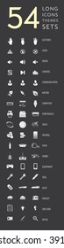 Long icons set: Gestures, Signs, Media, Control, Nature, Computer, Peripherals, Space, Packing, Food, Hobby, Equipment, Tool, Auto, Freight, Sim Card, Office. Monochrome high quality icons for  Web.