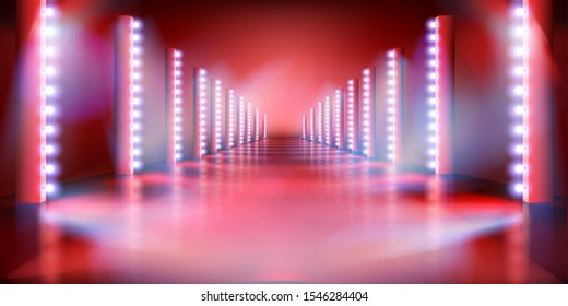 Long illuminated stage during the show. Fashion runway. Red background. Vector illustration.