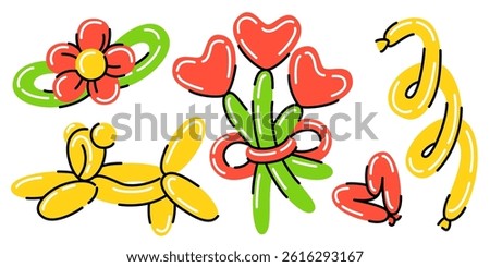 Long inflatable balloon toys set - yellow dog and twisted shape, red heart form and flowers with green stems made from latex figures. Cute inflated sculptural creations for kid party decoration design