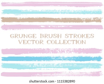 Long ink brush strokes isolated design elements. Set of paint lines. Dirty stripes, textured paintbrush stroke shapes. Collection of ink brushes, stripes isolated on white, vector paint samples.