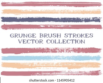 Long ink brush strokes isolated design elements. Set of paint lines. Distressed stripes, textured paintbrush stroke shapes. Collection of ink brushes, stripes isolated on white, vector paint samples.