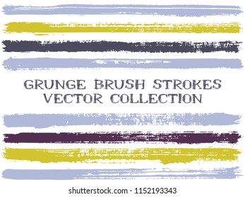 Long ink brush strokes isolated design elements. Set of paint lines. Dirty stripes, textured paintbrush stroke shapes. Ink brush stripes isolated on white, vector wall paint samples set.