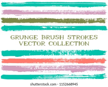 Long ink brush strokes isolated design elements. Set of paint lines. Distressed stripes, textured paintbrush stroke shapes. Ink brush stripes isolated on white, vector wall paint samples set.