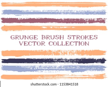 Long ink brush strokes isolated design elements. Set of paint lines. Advertising stripes, textured paintbrush stroke shapes. Collection of ink brushes, stripes isolated on white, vector paint samples.
