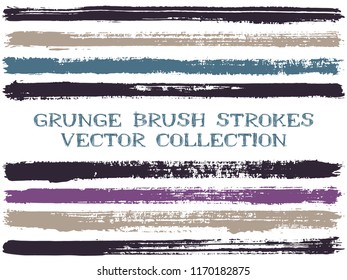 Long ink brush strokes isolated design elements. Set of paint lines. Advertising stripes, textured paintbrush stroke shapes. Collection of ink brushes, stripes isolated on white, vector paint samples.