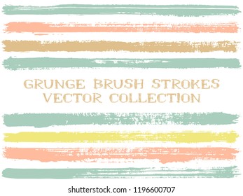 Long ink brush strokes isolated design elements. Set of paint lines. Grungy stripes, textured paintbrush stroke shapes. Ink brush stripes isolated on white, vector wall paint samples set.