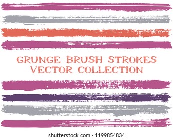 Long ink brush strokes isolated design elements. Set of paint lines. Abstract stripes, textured paintbrush stroke shapes. Collection of ink brushes, stripes isolated on white, vector paint samples.
