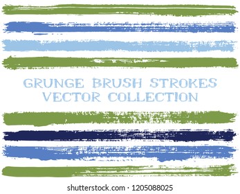 Long ink brush strokes isolated design elements. Set of paint lines. Grungy stripes, textured paintbrush stroke shapes. Collection of ink brushes, stripes isolated on white, vector paint samples.