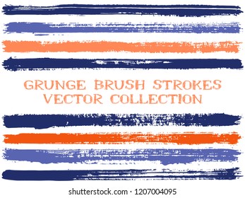 Long ink brush strokes isolated design elements. Set of paint lines. Modern stripes, textured paintbrush stroke shapes. Collection of ink brushes, stripes isolated on white, vector paint samples.