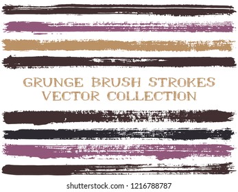 Long ink brush strokes isolated design elements. Set of paint lines. Artistic stripes, textured paintbrush stroke shapes. Collection of ink brushes, stripes isolated on white, vector paint samples.