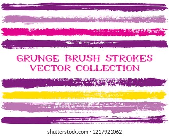 Long ink brush strokes isolated design elements. Set of paint lines. Advertising stripes, textured paintbrush stroke shapes. Ink brush stripes isolated on white, vector wall paint samples set.
