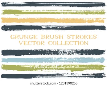 Long ink brush strokes isolated design elements. Set of paint lines. Grungy stripes, textured paintbrush stroke shapes. Ink brush stripes isolated on white, vector wall paint samples set.