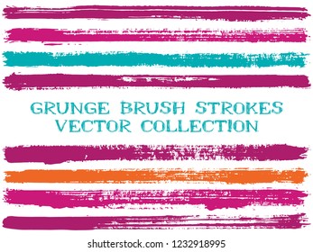 Long ink brush strokes isolated design elements. Set of paint lines. Dirty stripes, textured paintbrush stroke shapes. Collection of ink brushes, stripes isolated on white, vector paint samples.