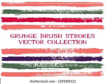 Long ink brush strokes isolated design elements. Set of paint lines. Dirty stripes, textured paintbrush stroke shapes. Ink brush stripes isolated on white, vector wall paint samples set.