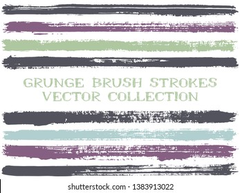 Long ink brush strokes isolated design elements. Set of paint lines. Distressed stripes, textured paintbrush stroke shapes. Collection of ink brushes, stripes isolated on white, vector paint samples.