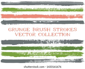 Long ink brush strokes isolated design elements. Set of paint lines. Grungy stripes, textured paintbrush stroke shapes. Ink brush stripes isolated on white, vector wall paint samples set.