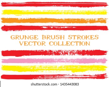 Long ink brush strokes isolated design elements. Set of paint lines. Dry stripes, textured paintbrush stroke shapes. Collection of ink brushes, stripes isolated on white, vector paint samples.