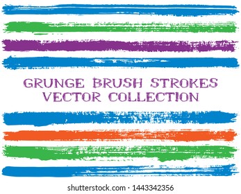 Long ink brush strokes isolated design elements. Set of paint lines. Abstract stripes, textured paintbrush stroke shapes. Collection of ink brushes, stripes isolated on white, vector paint samples.