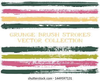 Long ink brush strokes isolated design elements. Set of paint lines. Abstract stripes, textured paintbrush stroke shapes. Ink brush stripes isolated on white, vector wall paint samples set.