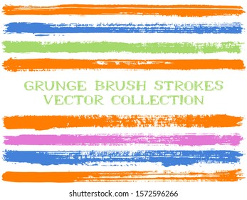 Long ink brush strokes isolated design elements. Set of paint lines. Dirty stripes, textured paintbrush stroke shapes. Collection of ink brushes, stripes isolated on white, vector paint samples.