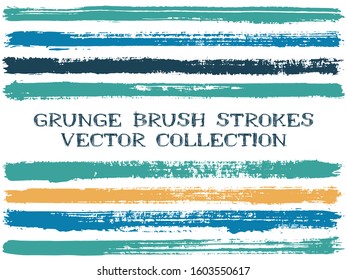 Long ink brush strokes isolated design elements. Set of paint lines. Turquoise stripes, textured paintbrush stroke shapes. Collection of ink brushes, stripes isolated on white, vector paint samples.