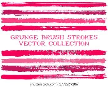 Long ink brush strokes isolated design elements. Set of paint lines. Advertising stripes, textured paintbrush stroke shapes. Collection of ink brushes, stripes isolated on white, vector paint samples.