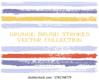 Long ink brush strokes isolated design elements. Set of paint lines. Artistic stripes, textured paintbrush stroke shapes. Collection of ink brushes, stripes isolated on white, vector paint samples.