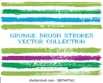 Long ink brush strokes isolated design elements. Set of paint lines. Grungy stripes, textured paintbrush stroke shapes. Ink brush stripes isolated on white, vector wall paint samples set.