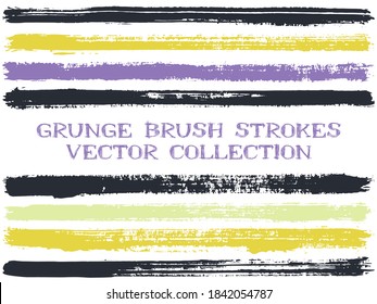 Long ink brush strokes isolated design elements. Set of paint lines. Grungy stripes, textured paintbrush stroke shapes. Ink brush stripes isolated on white, vector wall paint samples set.