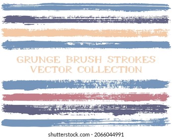 Long ink brush strokes isolated design elements. Set of paint lines. Distressed stripes, textured paintbrush stroke shapes. Ink brush stripes isolated on white, vector wall paint samples set.