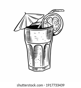 Long Island cocktail. Black color outline vintage style.